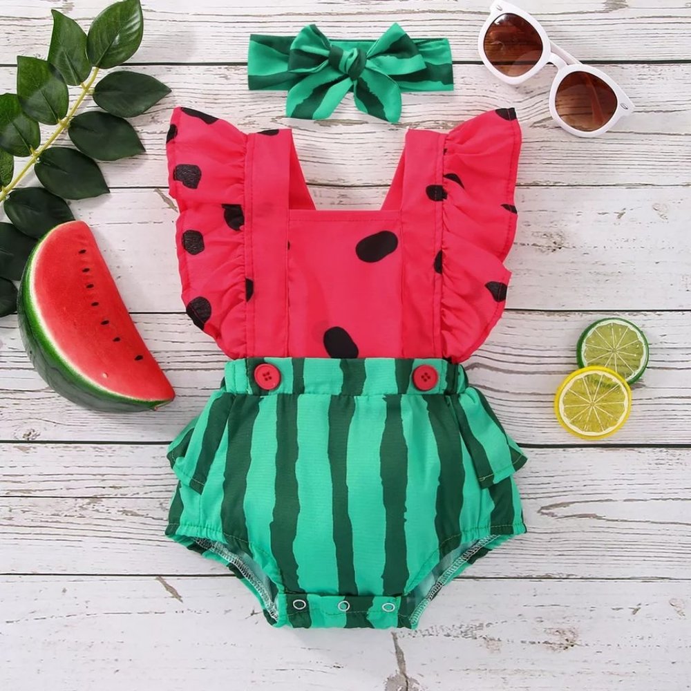 Baby Girls Watermelon Ruffle Romper Sunsuit Jumpsuit Headband Outfit Set - Picture 1 of 6